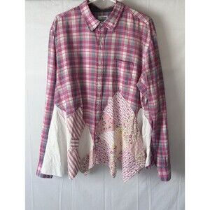 Char Santa Fe Tailored J. Crew Womens XL Pink Plaid Quilt Patch Button Up Shirt